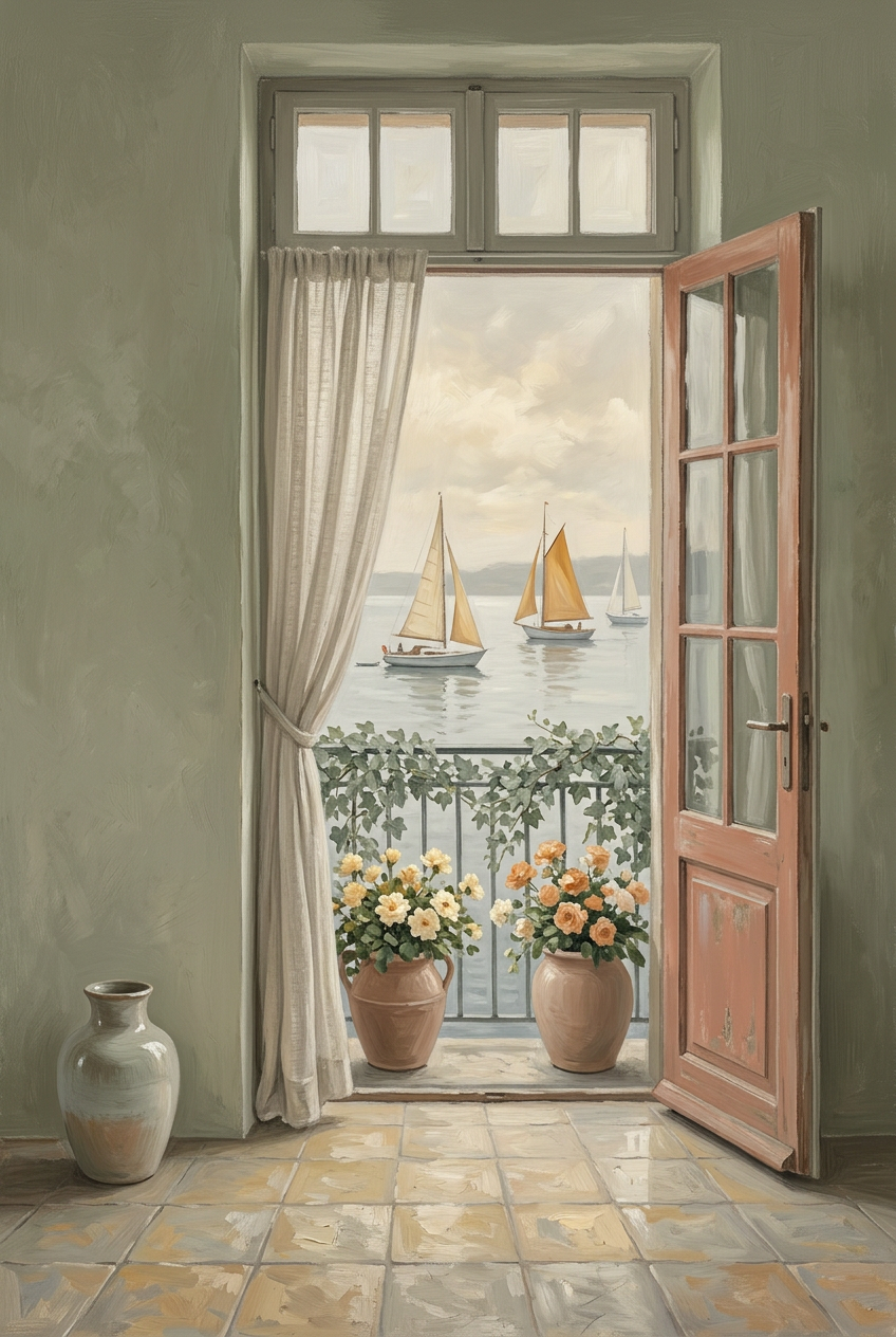 Rustieke Balkon met Zeezicht wanddecoratie met rustiek balkon met weids uitzicht op zee