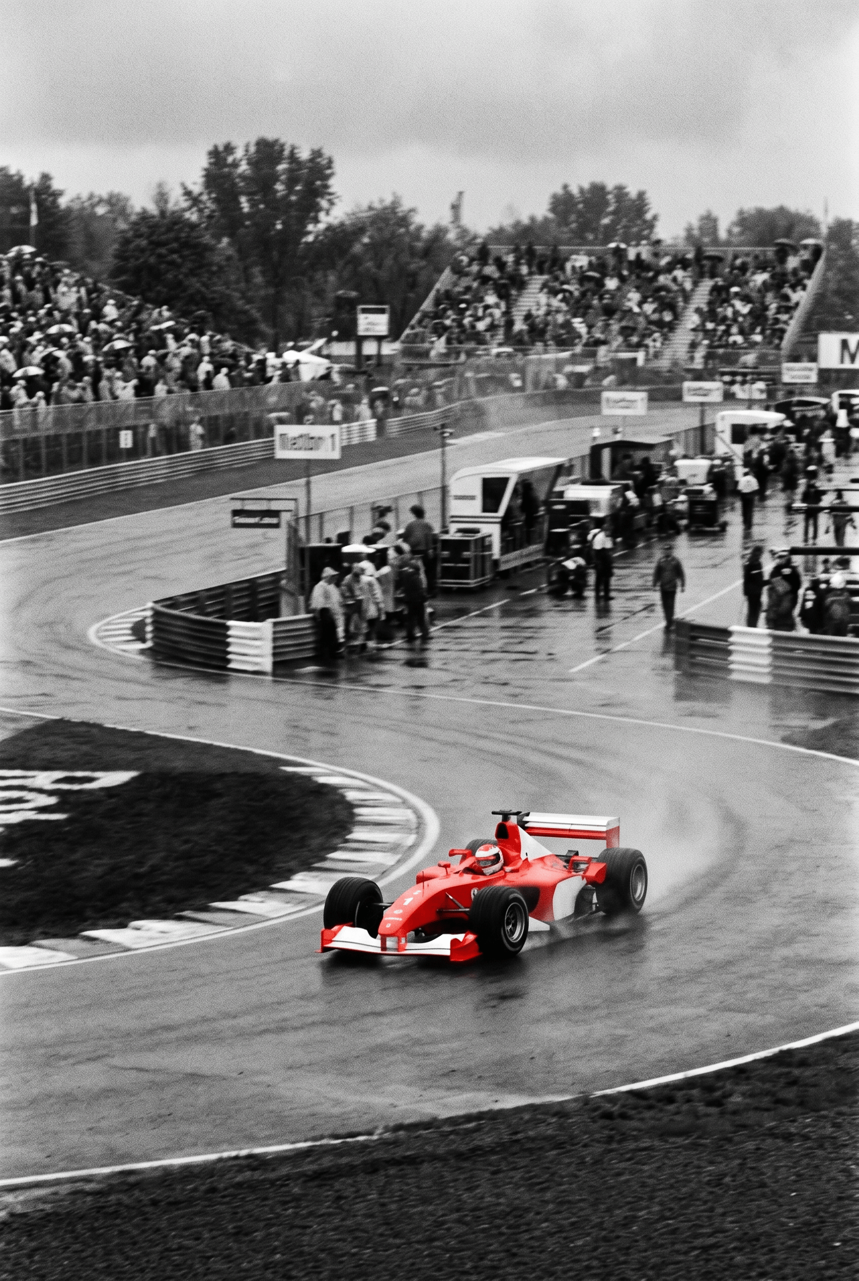 Scarlet in de Regen – vintage motorsport wanddecoratie