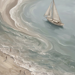 Serene Coastal Drift with Sailboat wanddecoratie met zeilboot langs een serene kustlijn