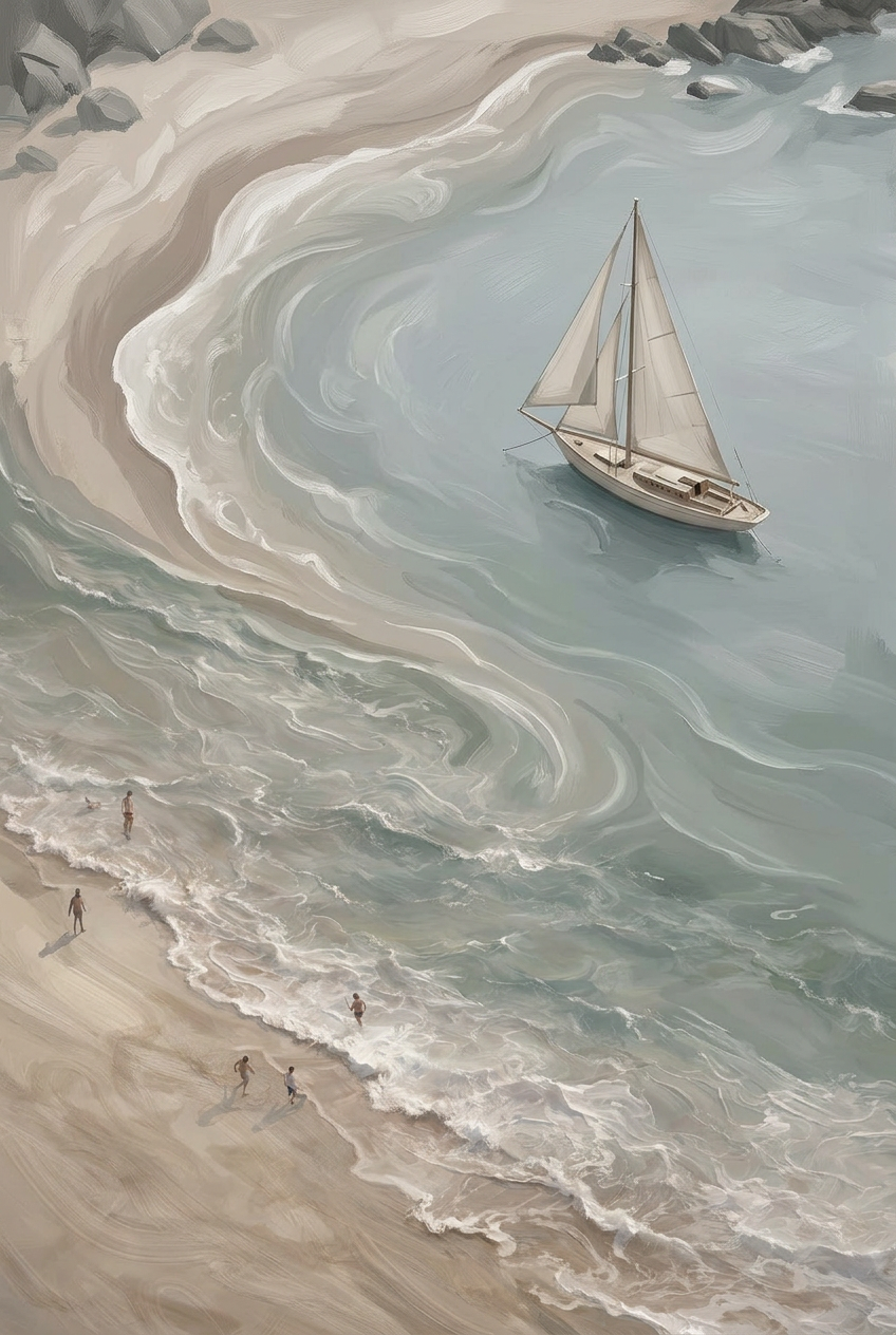 Serene Coastal Drift with Sailboat wanddecoratie met zeilboot langs een serene kustlijn