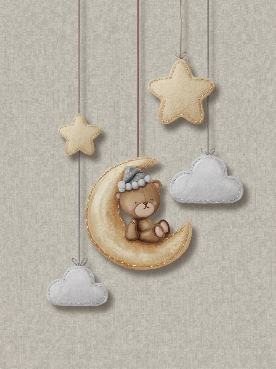 Sleepy Moon Bear Mobile wanddecoratie met slaperig beertje bij maan en sterren