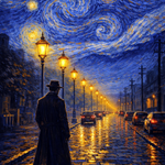 Starry Night City Walk wanddecoratie met avondwandeling door de stad onder een sterrenhemel