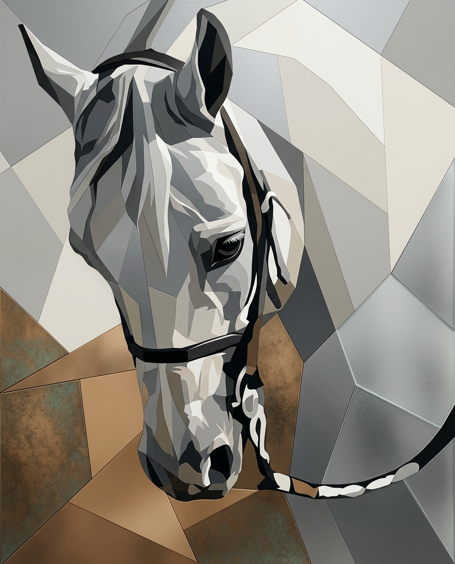Stille Hoef in Spiegelvlakken wanddecoratie met paard opgebouwd uit spiegelende vlakken