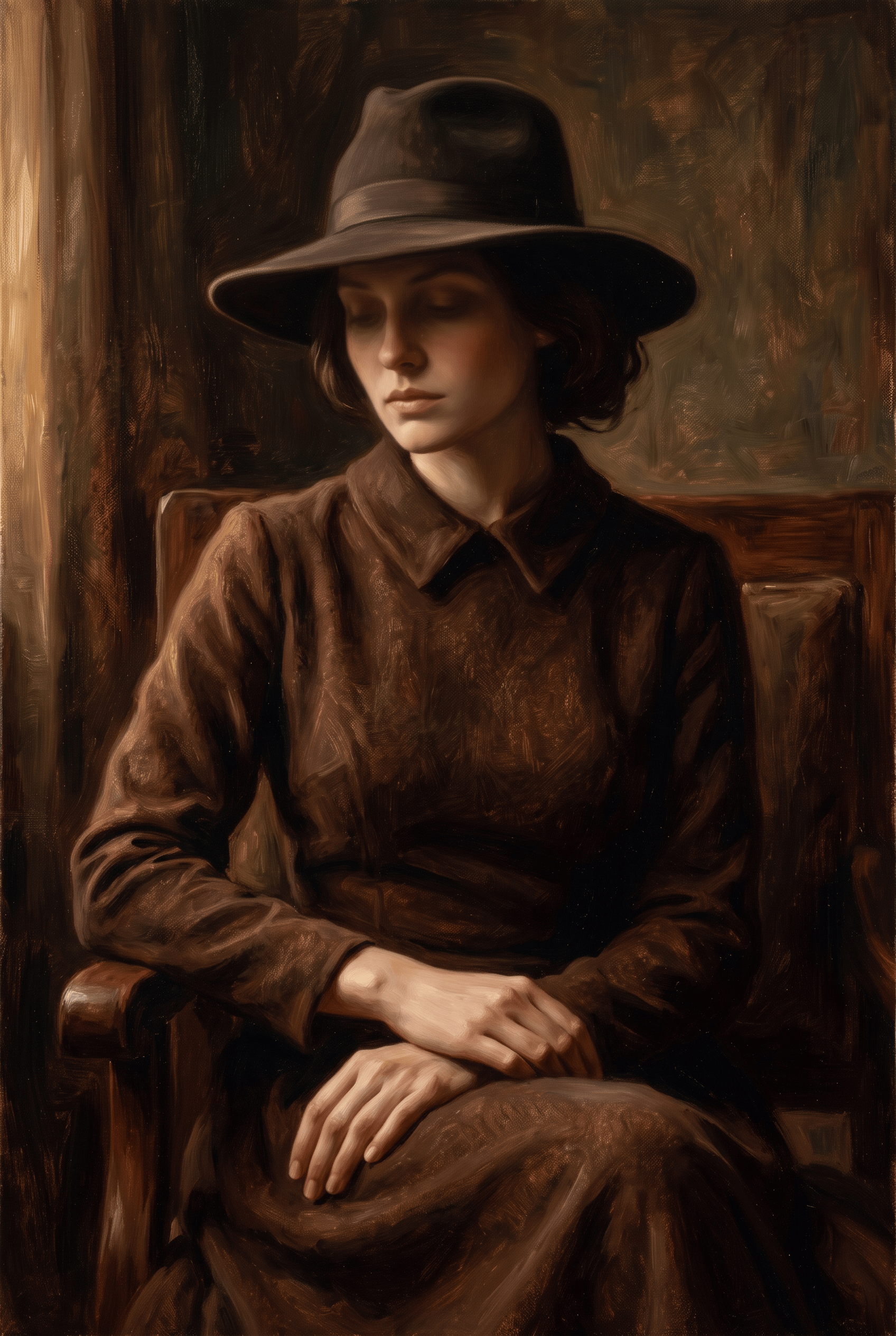 Sunlit Elegance – dame met bruine hoed in warm licht