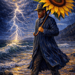 Surreal Sunflower Storm Seaside wanddecoratie met wervelende zonnebloemen boven een stormachtige kust