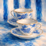 Theetijd in Delfts Blauw wanddecoratie met theeservies in klassiek Delfts blauw