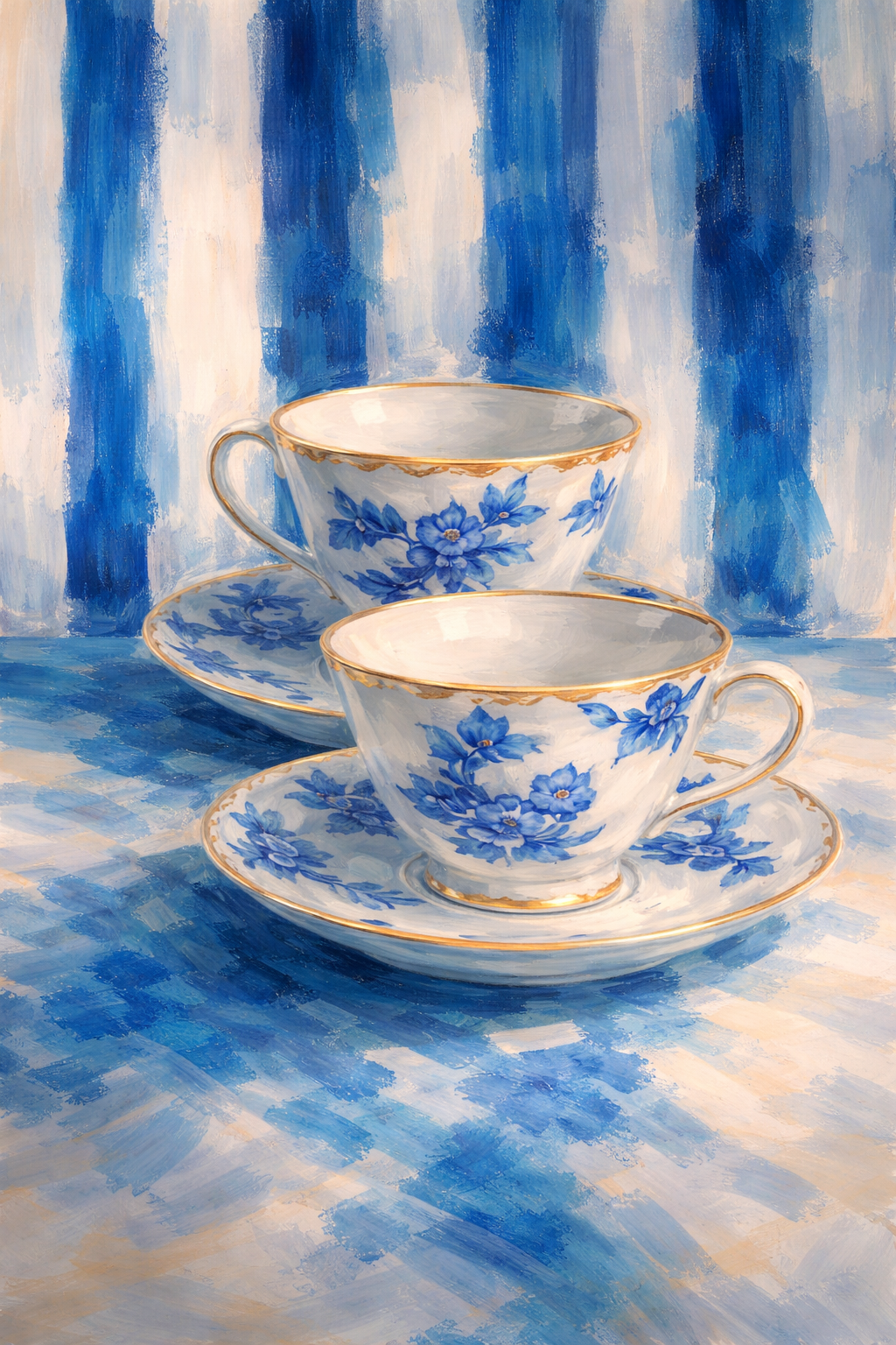 Theetijd in Delfts Blauw wanddecoratie met theeservies in klassiek Delfts blauw