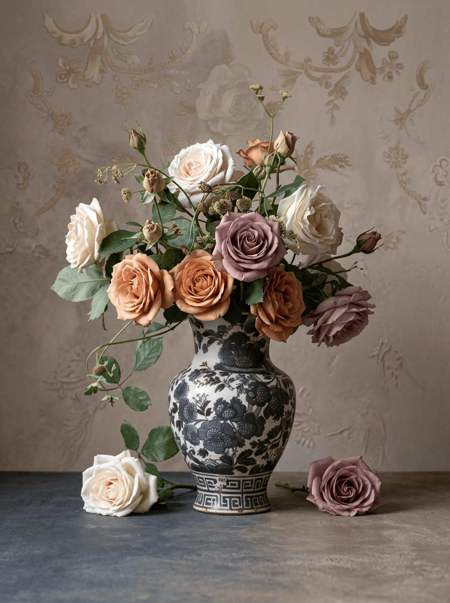 Timeless Roses in Vintage Porcelain Elegance wanddecoratie met tijdloze rozen in vintage porseleinen elegantie