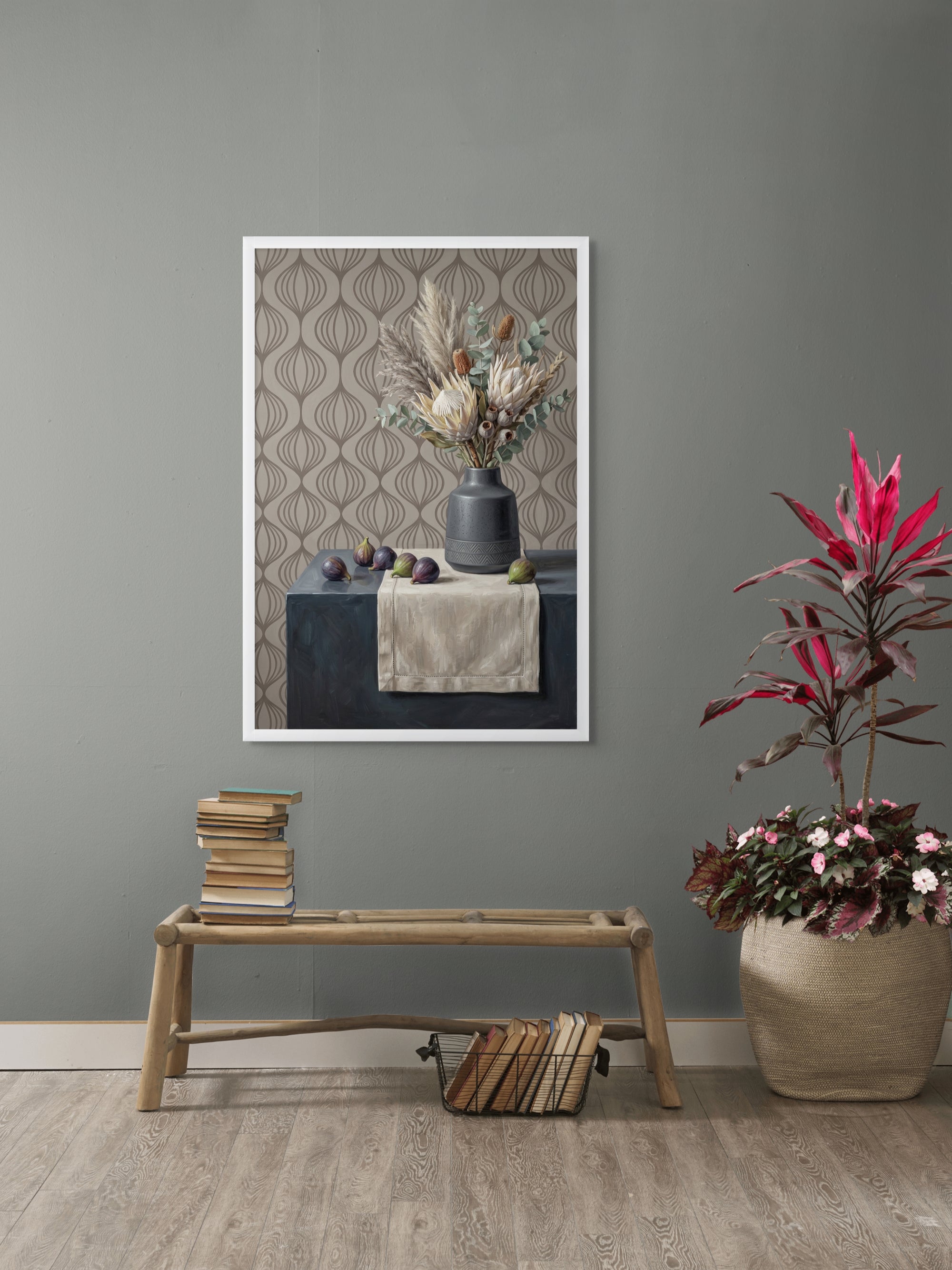 Feigen auf Samttisch – Wandbild auf Leinwand, Aluminium oder Poster