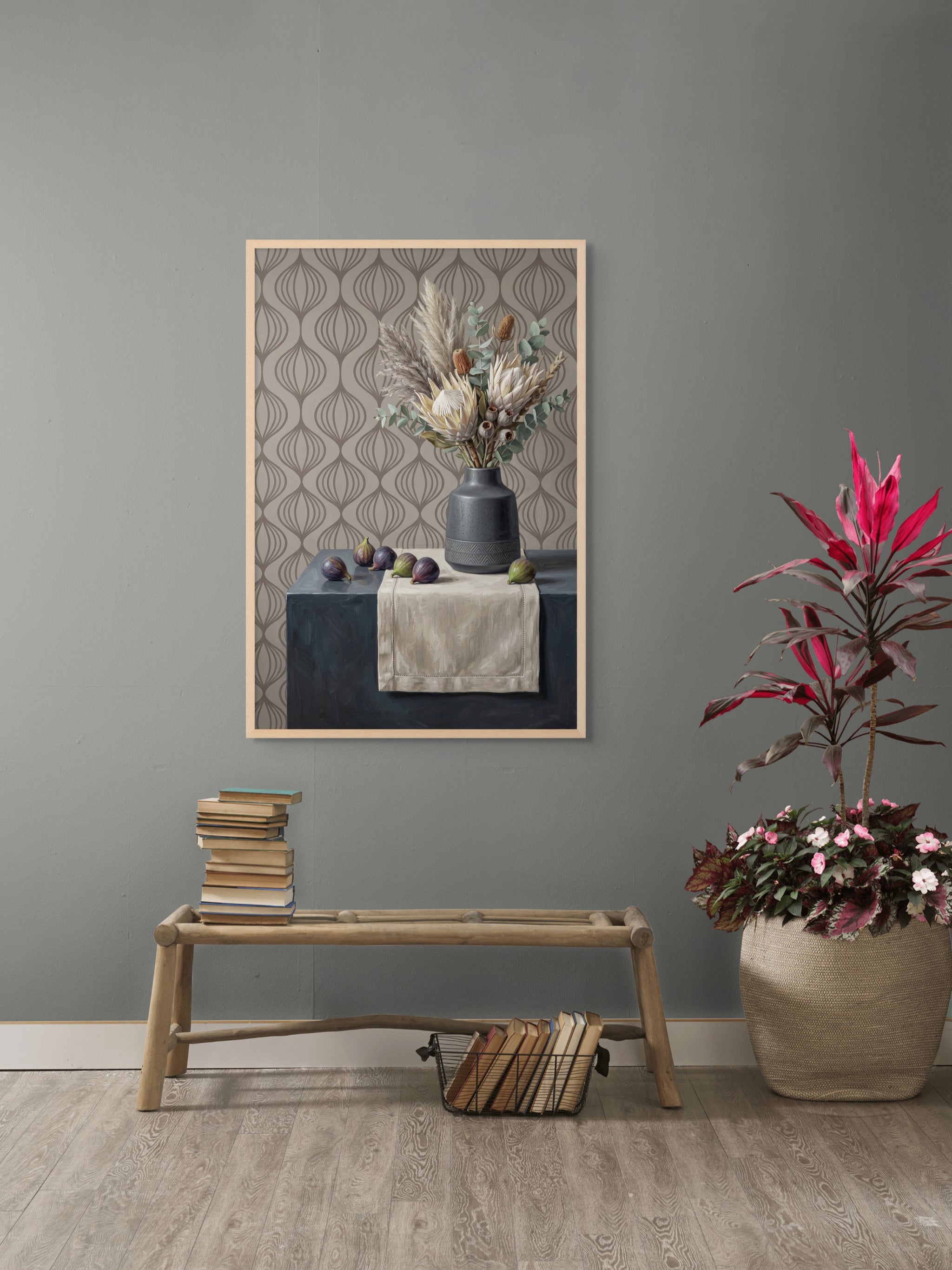 Feigen auf Samttisch – Wandbild auf Leinwand, Aluminium oder Poster