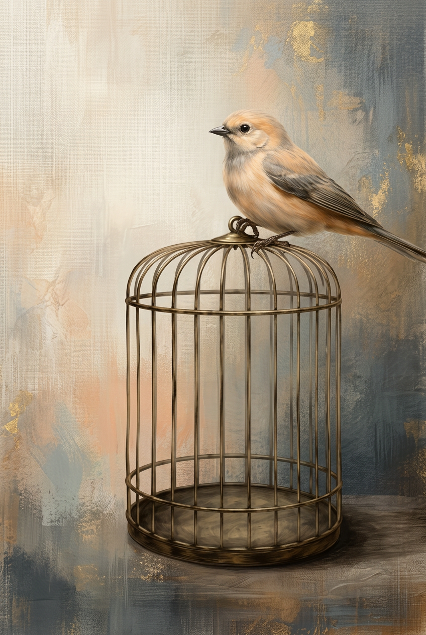 Vogel zittend op een gouden kooi met zachte abstracte achtergrond