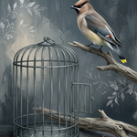 Vrije Zang bij Open Kooi wanddecoratie met zingende vogel bij een open vogelkooi