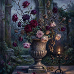 Middernacht in Rozentuin wanddecoratie met bloeiende rozen in een sfeervolle nachttuin
