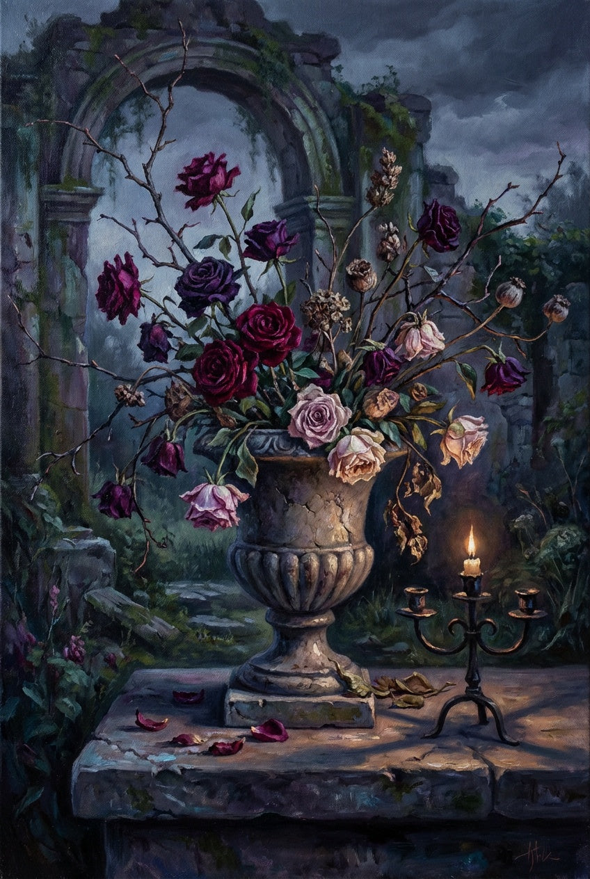 Middernacht in Rozentuin wanddecoratie met bloeiende rozen in een sfeervolle nachttuin