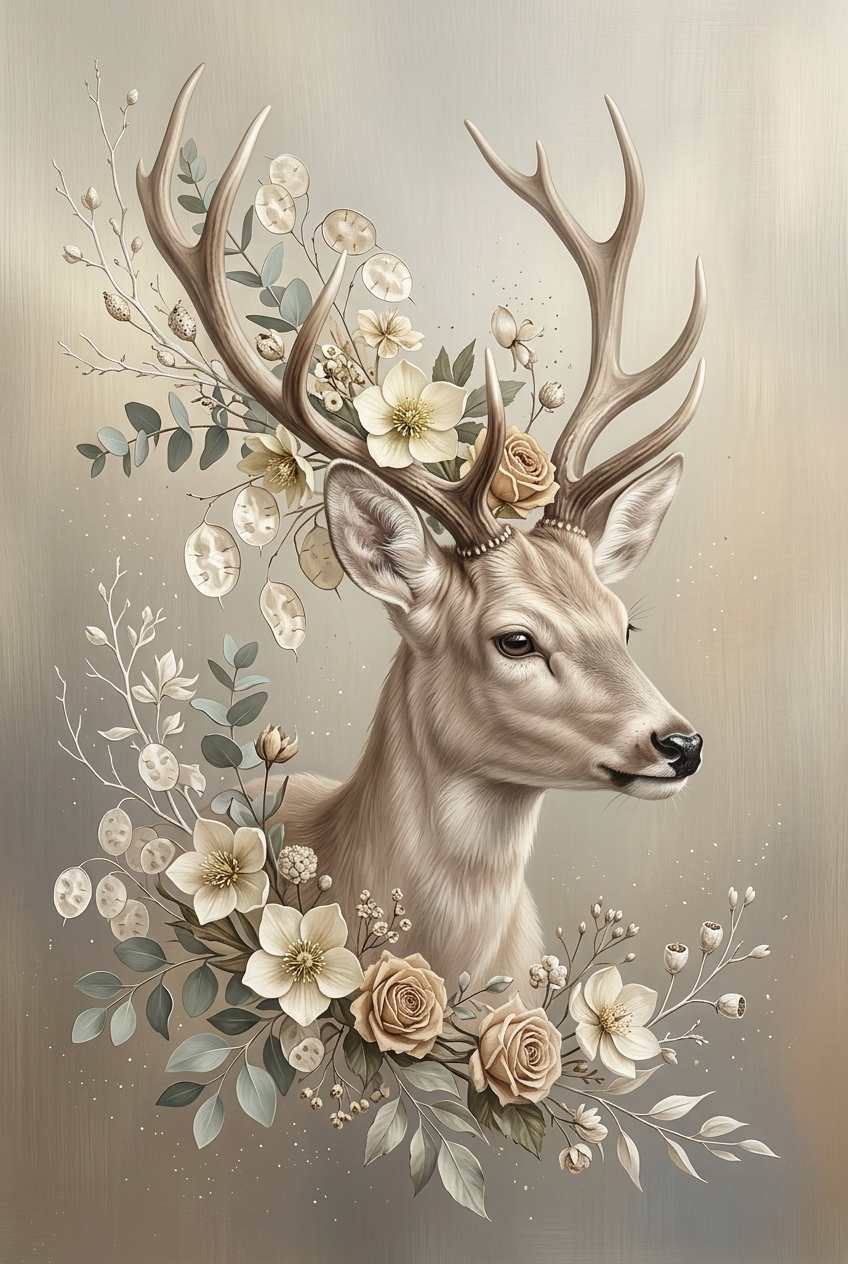 Winterhert tussen Wilde Bloesems wanddecoratie met statig hert omringd door wilde winterbloesems