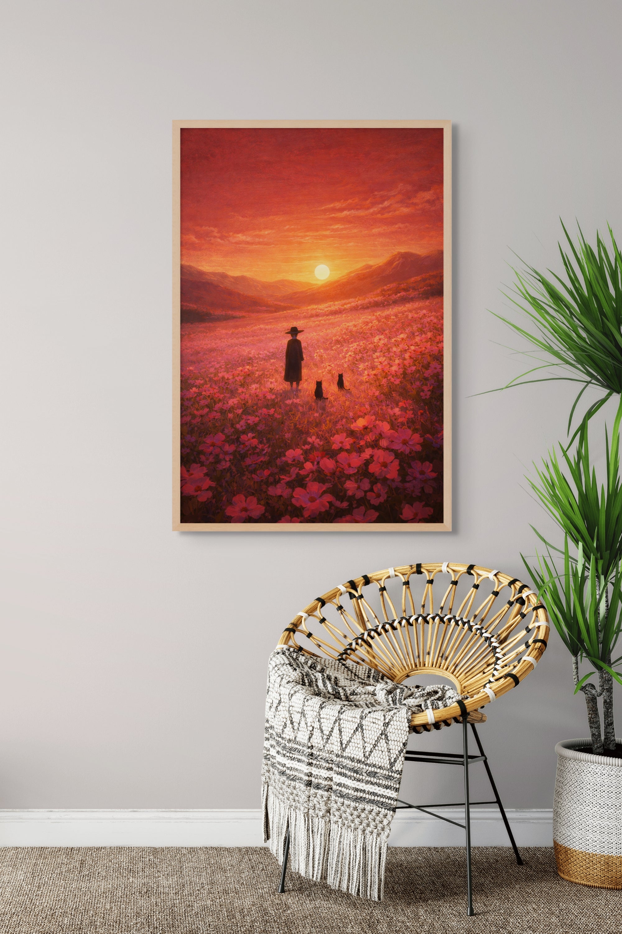 Roze Bloemenveld Zonsondergang Wanddecoratie – Romantisch Natuur Canvas Print