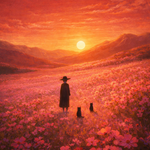 Zonsondergang in Roze Bloemenveld wanddecoratie met zonsondergang boven een roze bloemenveld