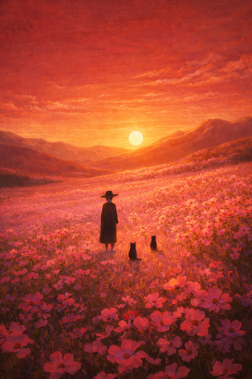 Zonsondergang in Roze Bloemenveld wanddecoratie met zonsondergang boven een roze bloemenveld