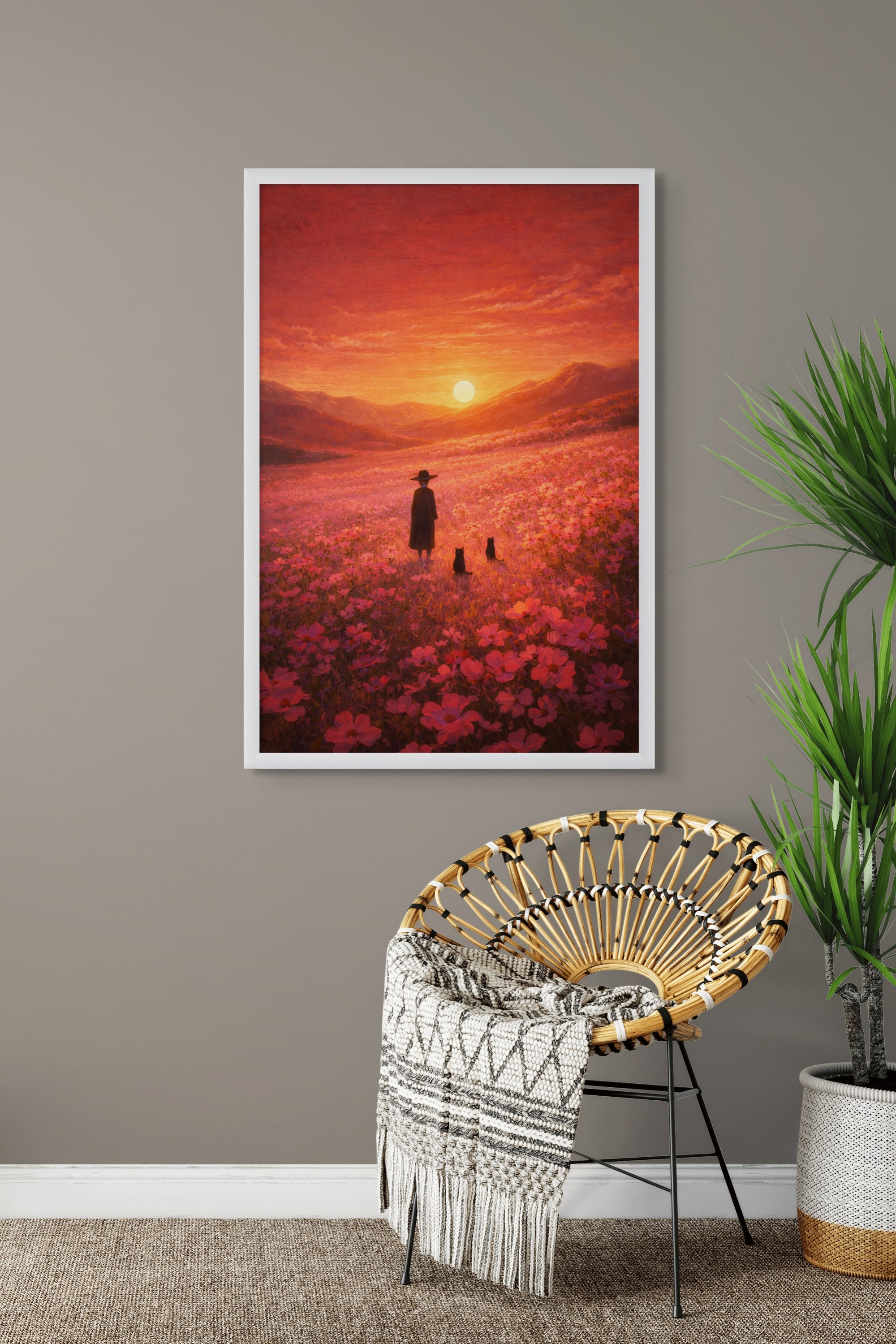 Roze Bloemenveld Zonsondergang Wanddecoratie – Romantisch Natuur Canvas Print