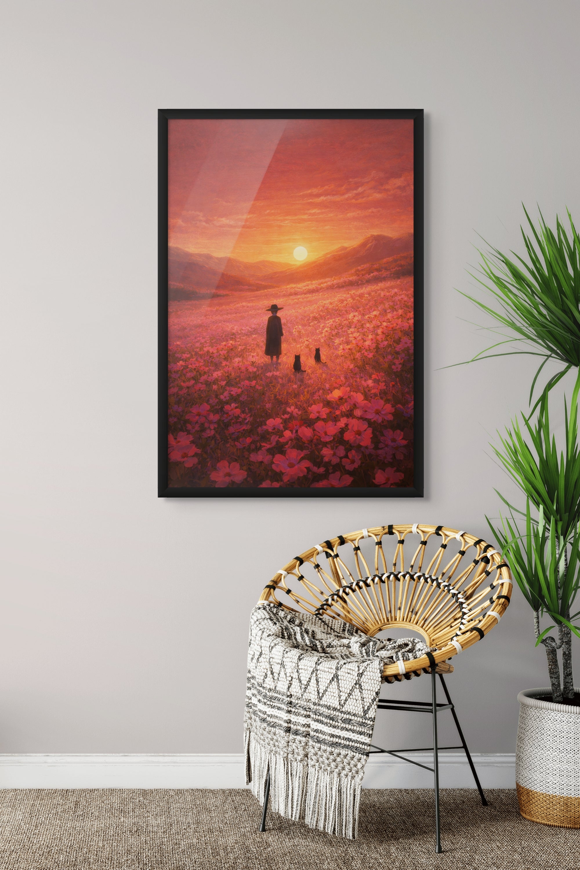 Roze Bloemenveld Zonsondergang Wanddecoratie – Romantisch Natuur Canvas Print