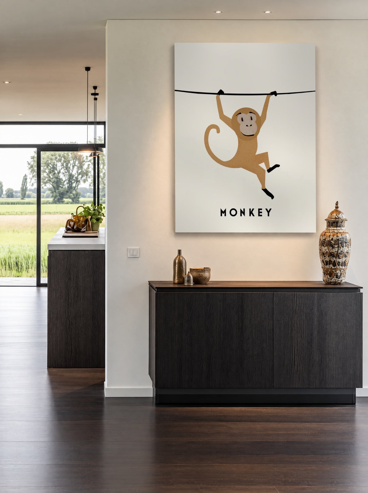 Aap aan de Waslijn als canvas zonder lijst aan de muur