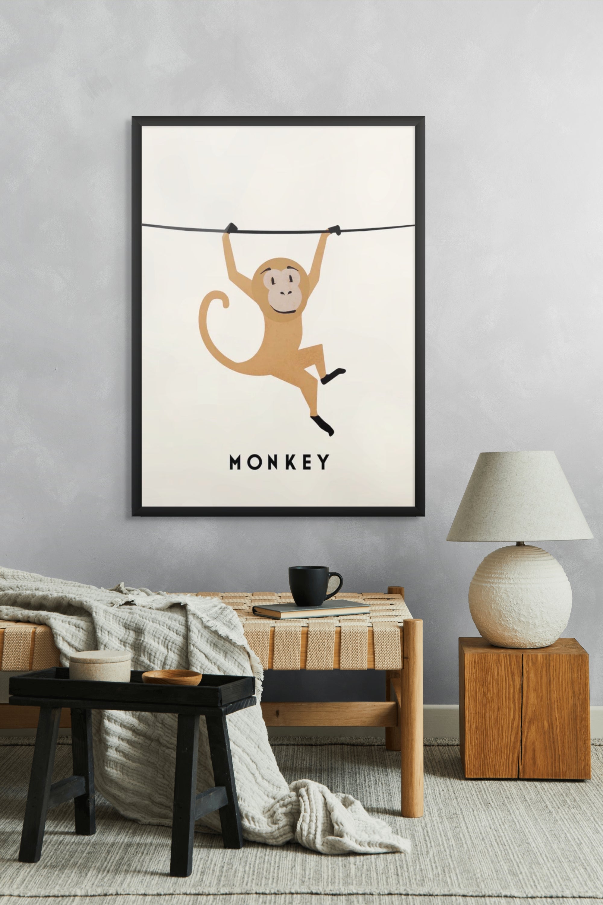 Aap aan de Waslijn Wanddecoratie – Grappig Dieren Kinderkamer Canvas Print