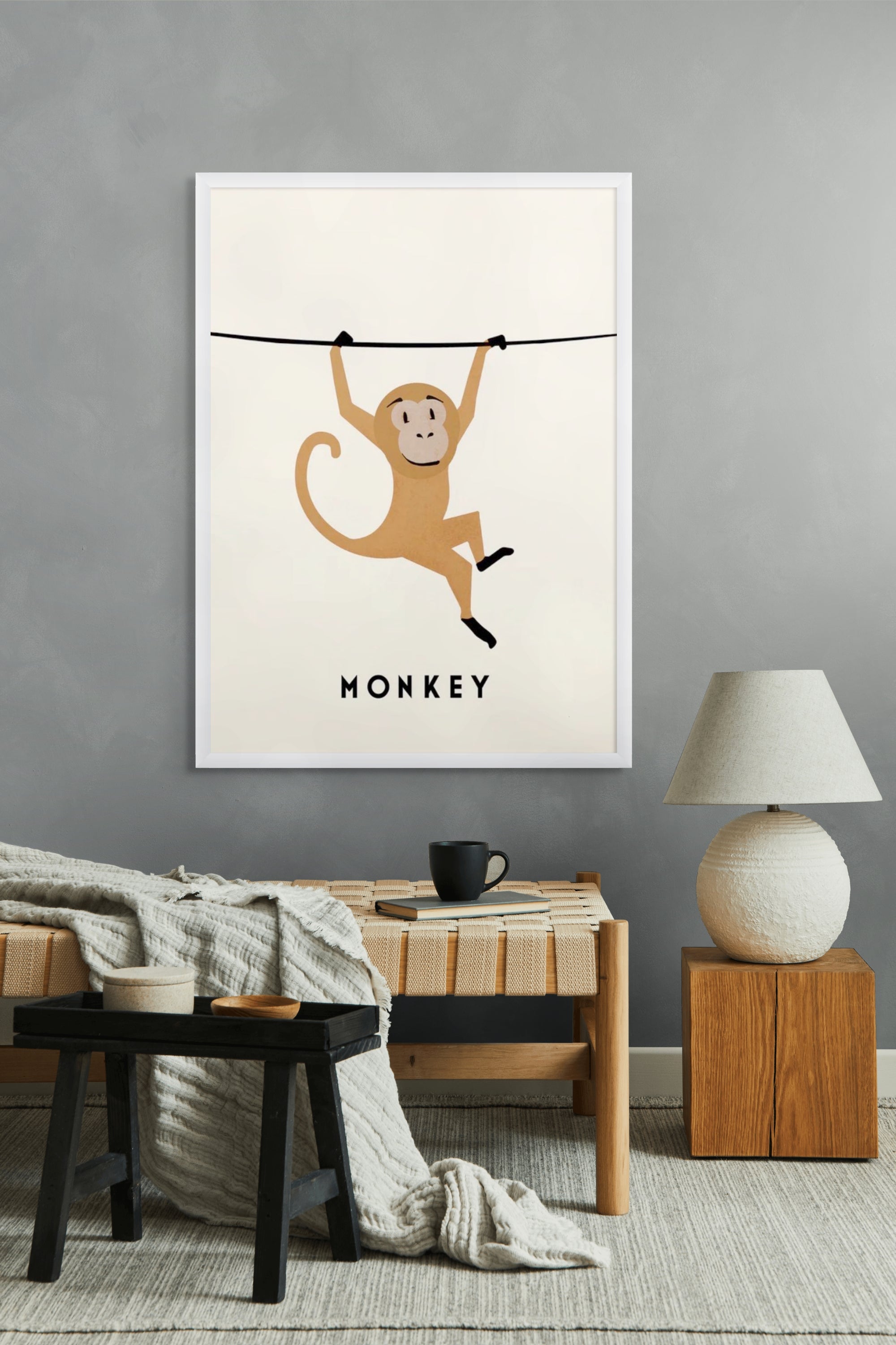 Aap aan de Waslijn Wanddecoratie – Grappig Dieren Kinderkamer Canvas Print