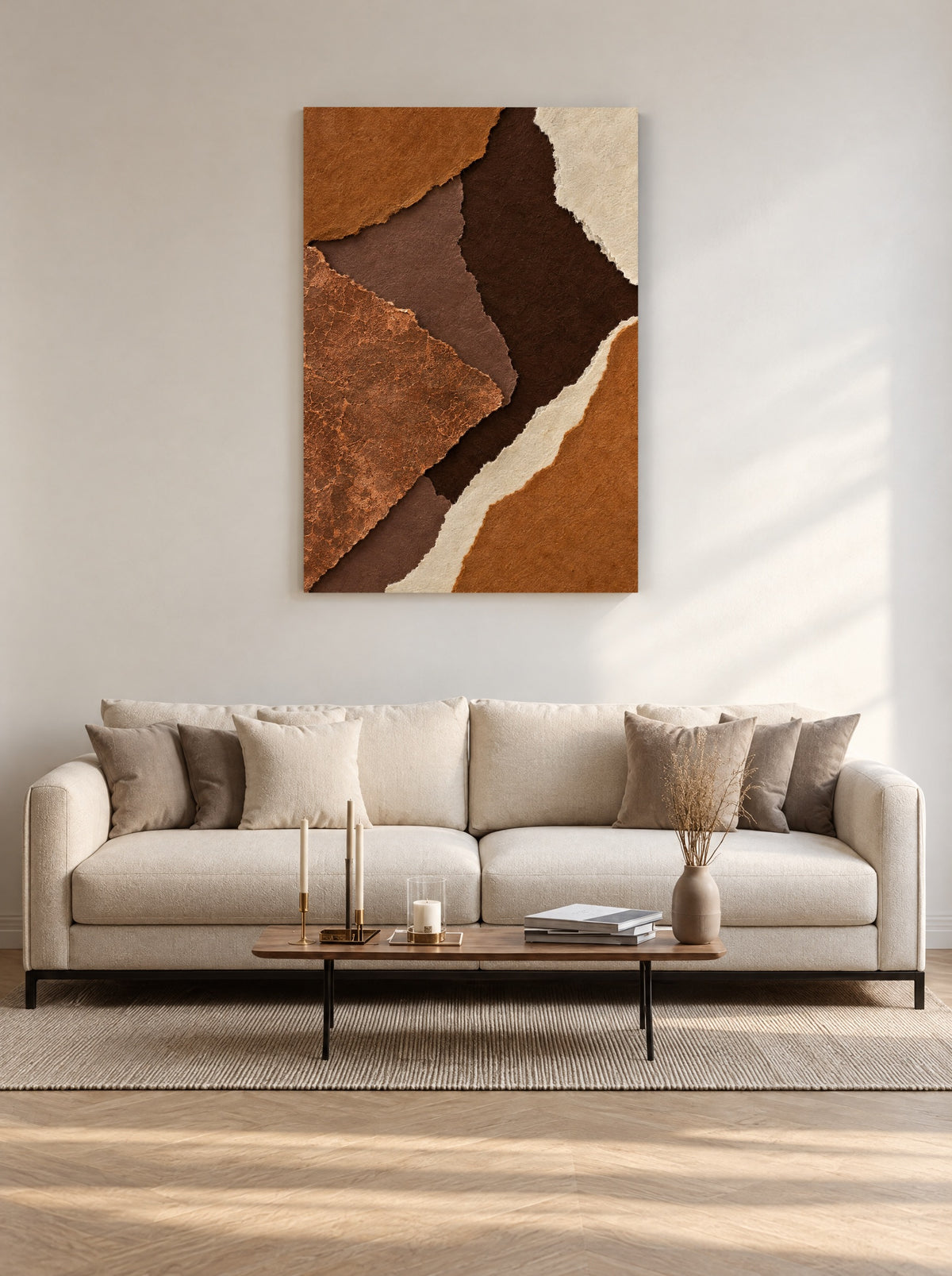 Aardfragmenten met Koperen Craquelé als canvas zonder lijst aan de muur