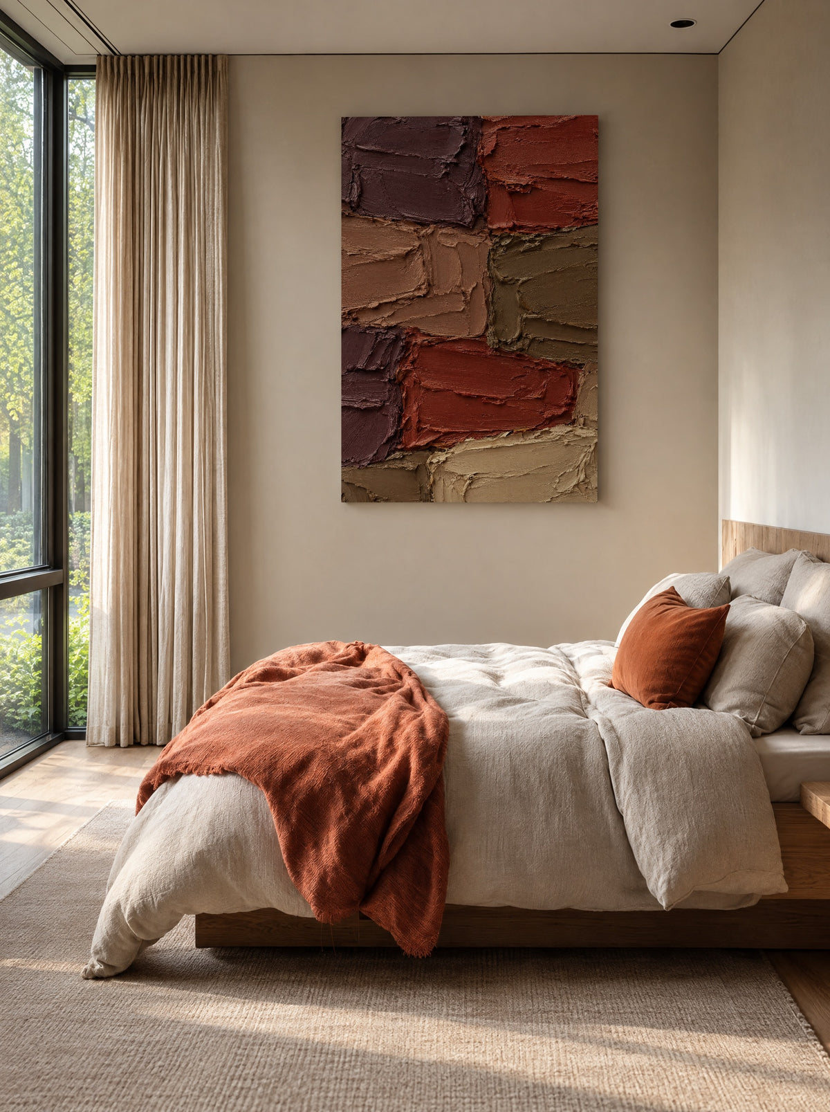 Aardse Bakstenen in Roest en Olijf als canvas zonder lijst aan de muur