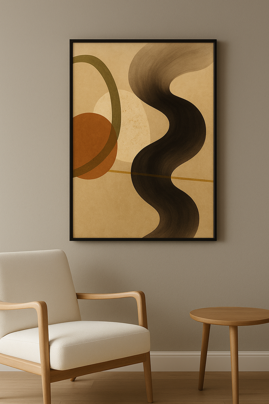 Abstracte wanddecoratie in interieur, zwarte lijst