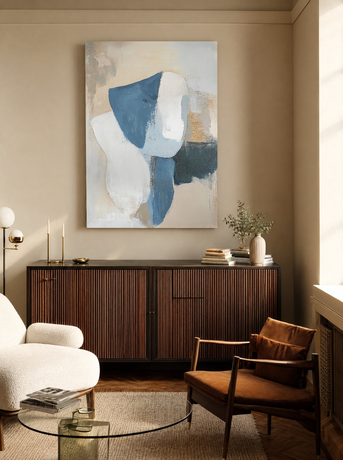 Abstract in Blauw en Ivoor als canvas zonder lijst aan de muur