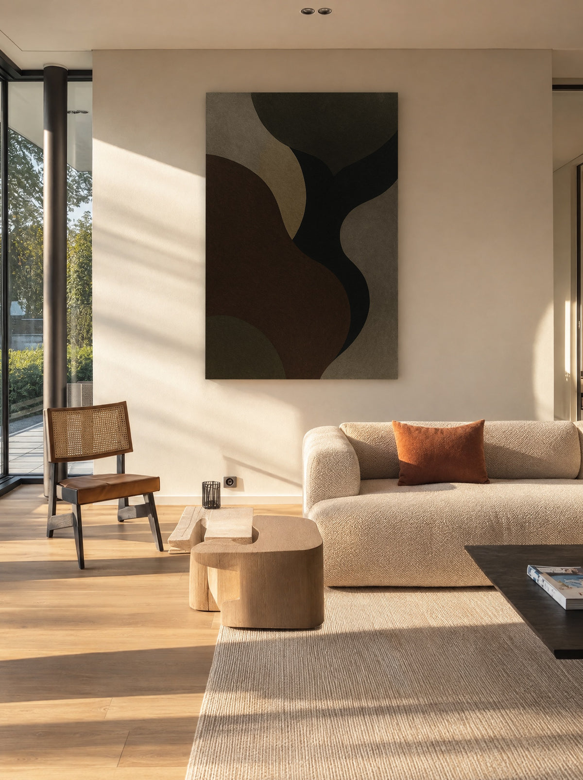 Abstract in Diep Bruin & Olijf als canvas zonder lijst aan de muur