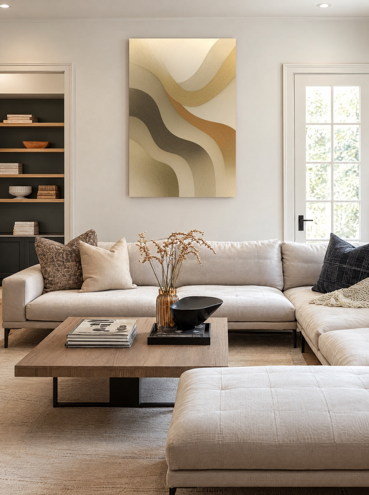 Abstract in Taupe & Zacht Goud als canvas zonder lijst aan de muur
