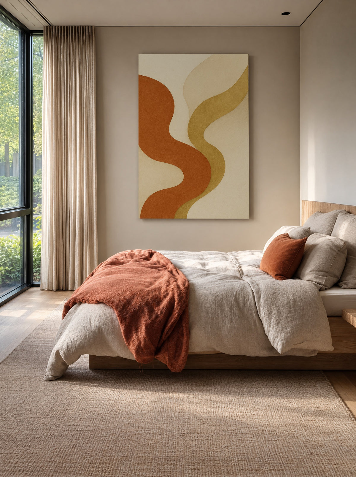 Abstract in Terracotta & Goud als canvas zonder lijst aan de muur