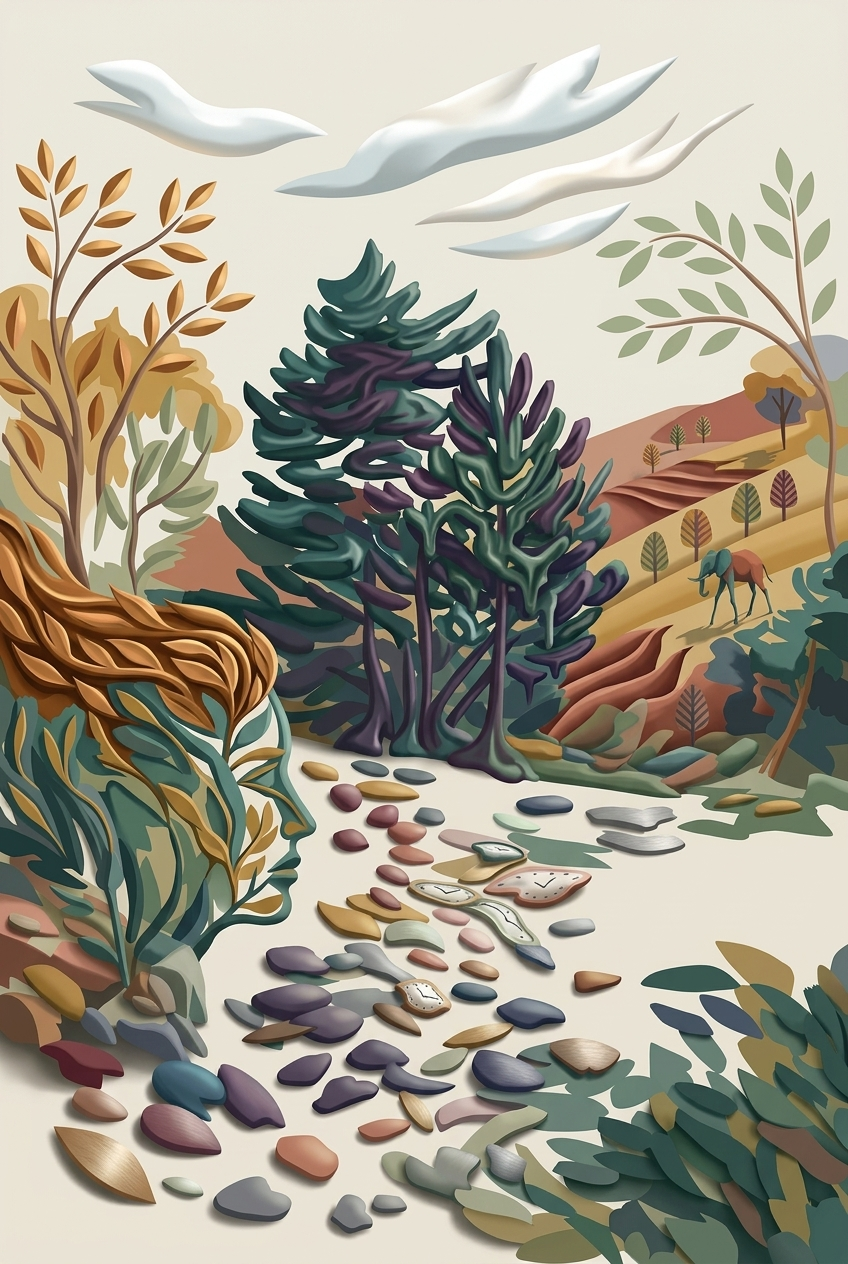 Abstract landschap met vrouwengezicht, bomen en kleurrijk pad in artistieke stijl