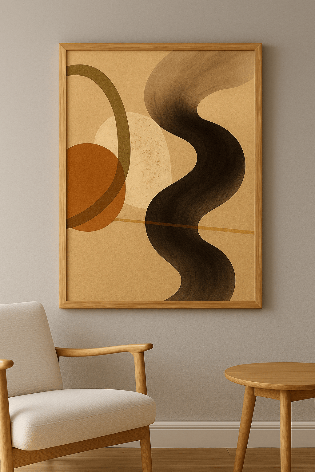 Organische Rust in Aardetinten Schilderij - interieurmockup eiken lijst