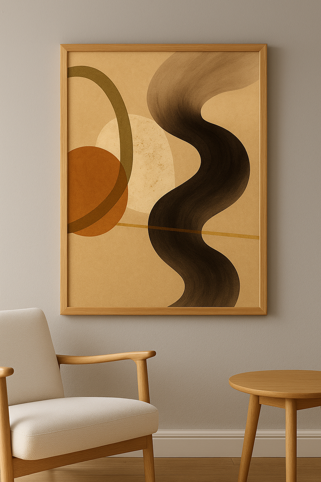 Abstracte wanddecoratie in interieur, eikenhouten lijst