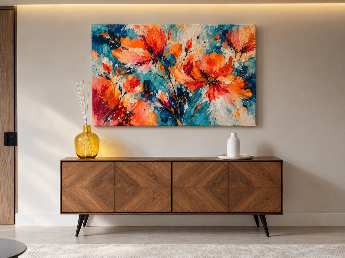 Abstracte Bloemen in Oranje als canvas zonder lijst aan de muur