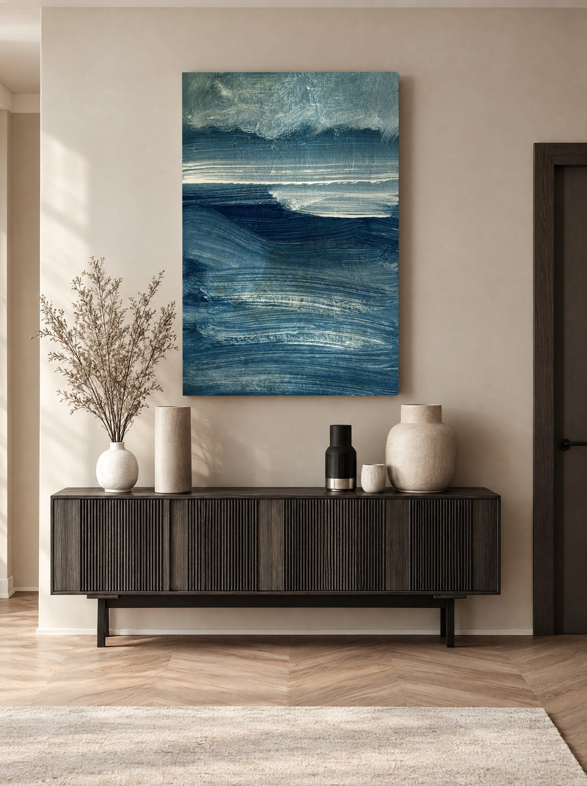 Abstracte Zee in Blauwtinten als canvas zonder lijst aan de muur