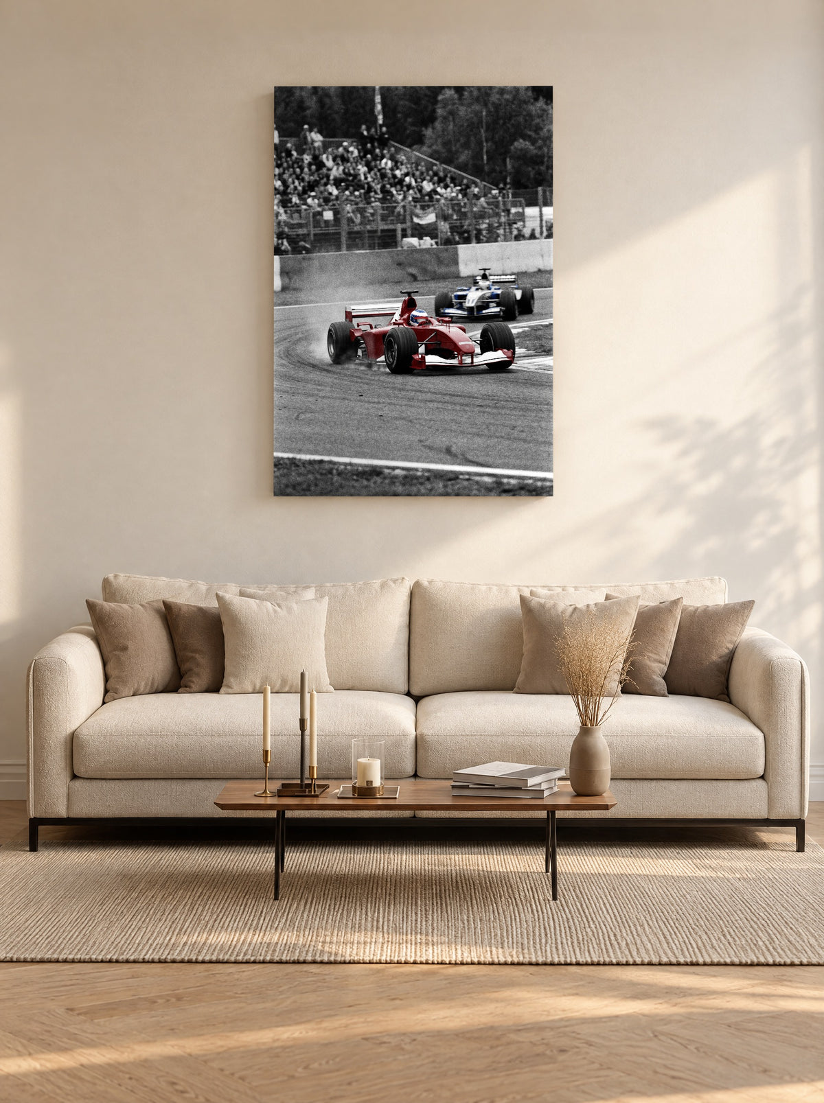 Achtervolging in Rood als canvas zonder lijst aan de muur