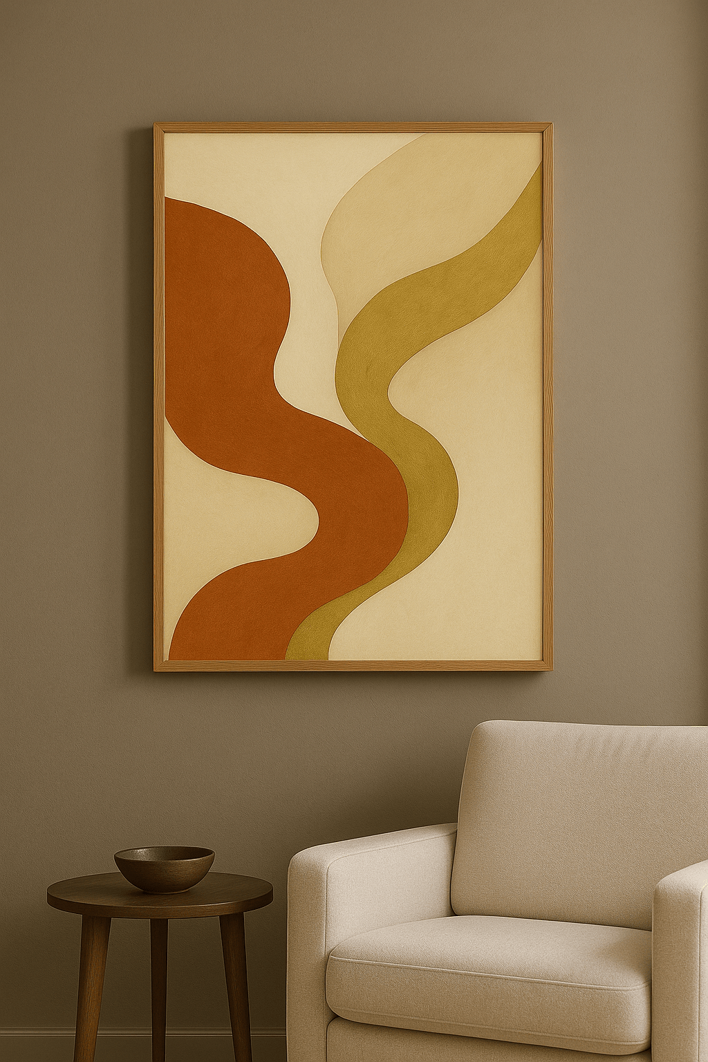 Abstract in Terracotta & Goud Schilderij - interieurmockup eiken lijst