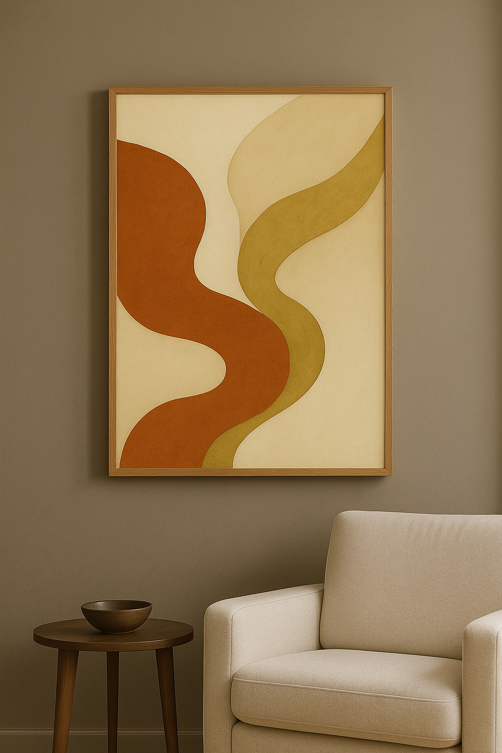 Abstracte wanddecoratie in eiken lijst in woonkamer
