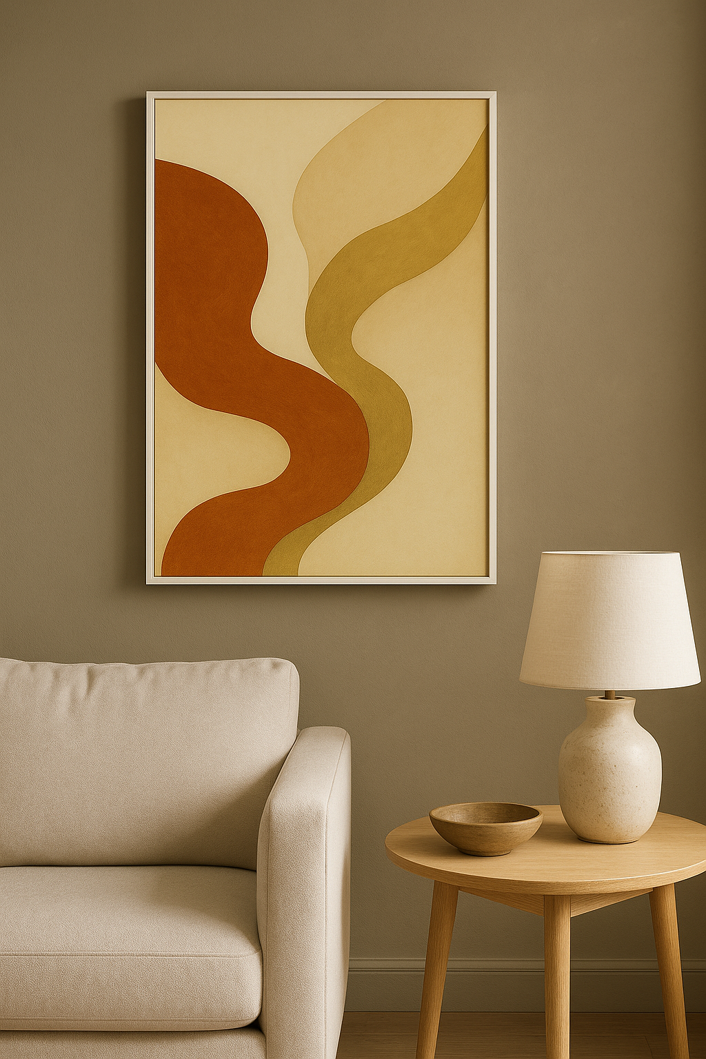 Abstracte wanddecoratie in witte lijst in woonkamer