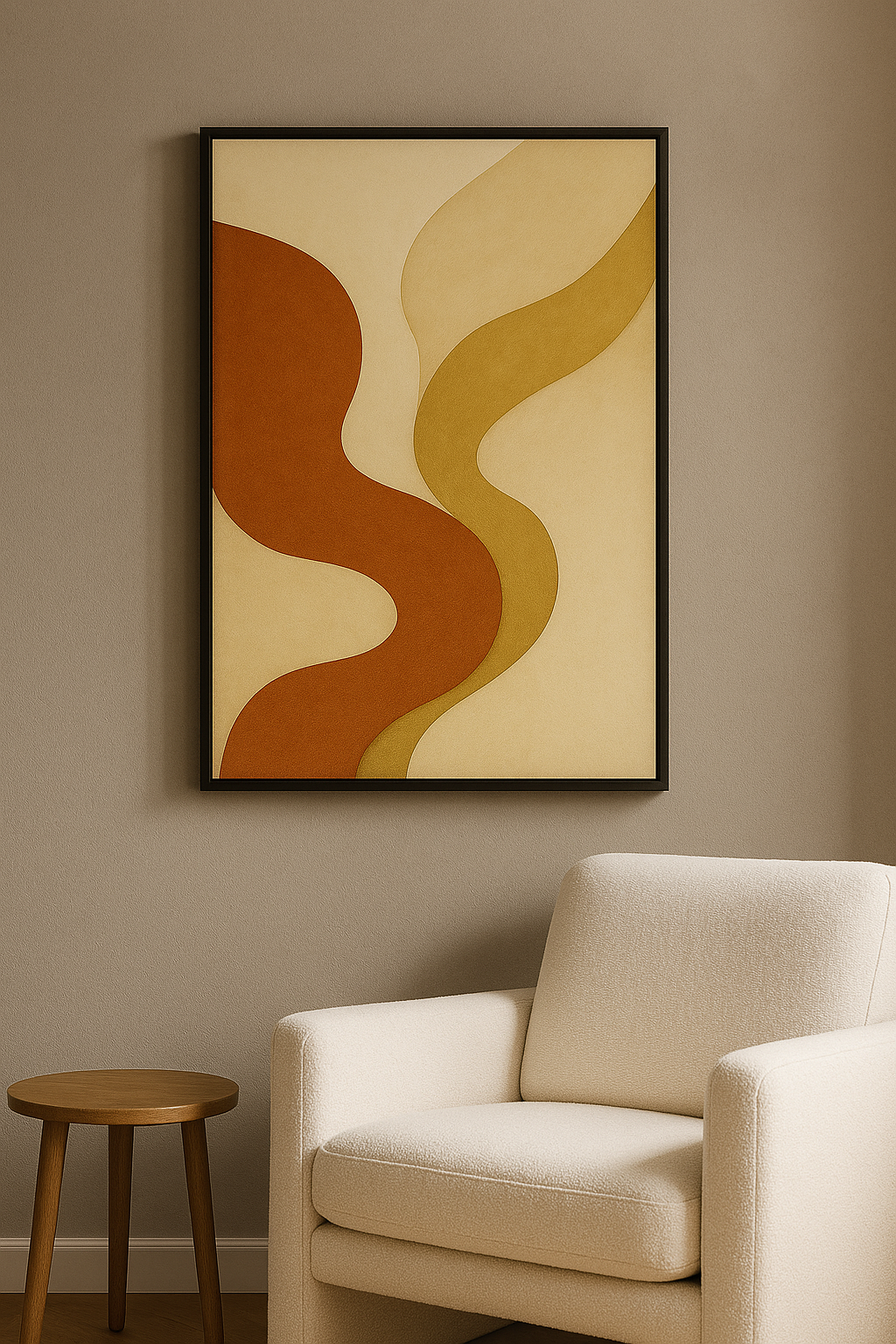 Abstracte wanddecoratie in zwarte lijst in woonkamer