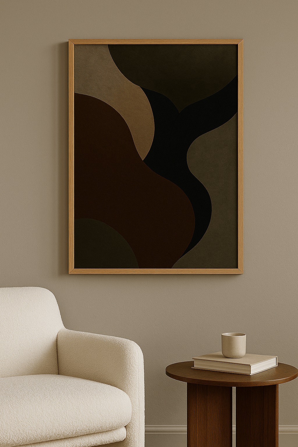 Abstract in Diep Bruin & Olijf Schilderij - interieurmockup eiken lijst