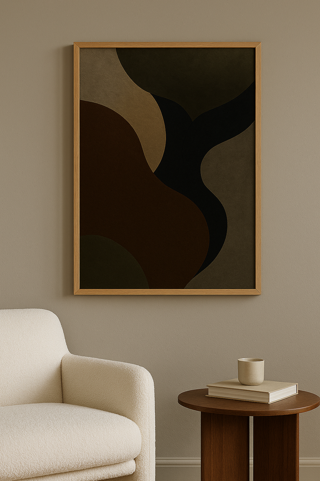 Abstracte wanddecoratie in eiken lijst in woonkamer