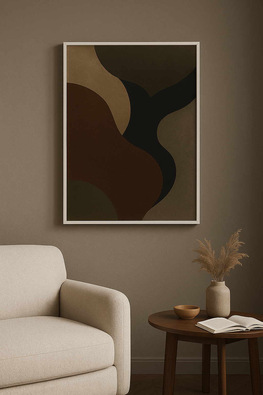 Abstracte wanddecoratie in witte lijst in woonkamer