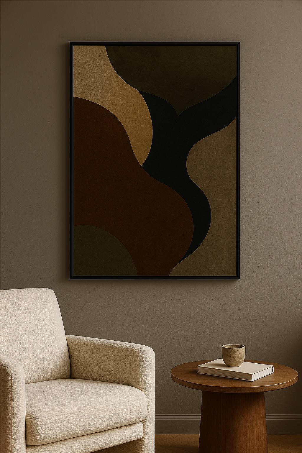 Abstracte wanddecoratie in zwarte lijst in woonkamer