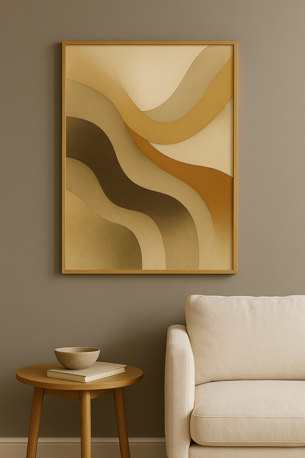 Abstract in Taupe & Zacht Goud Schilderij - interieurmockup eiken lijst