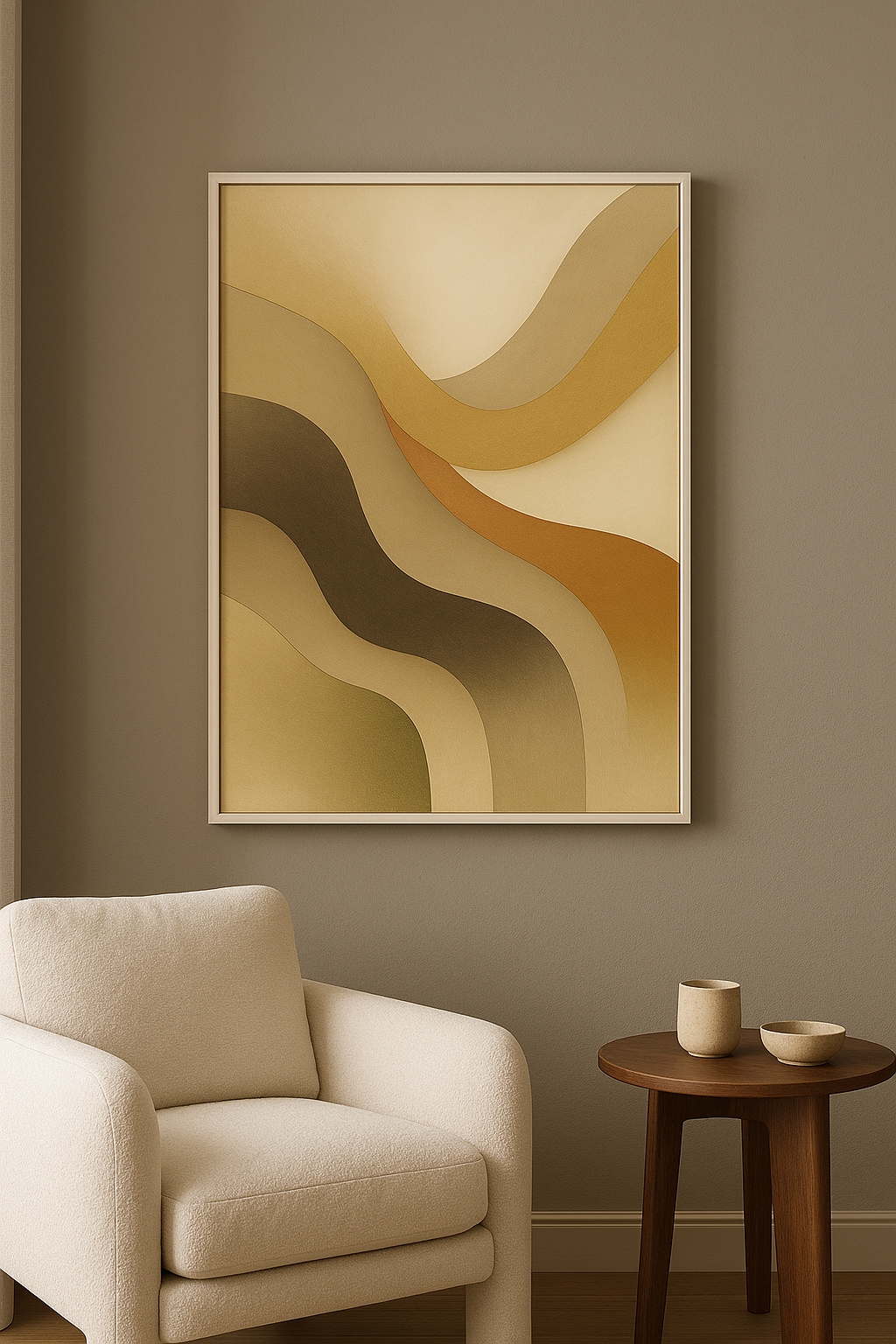 Abstracte wanddecoratie in witte lijst in woonkamer